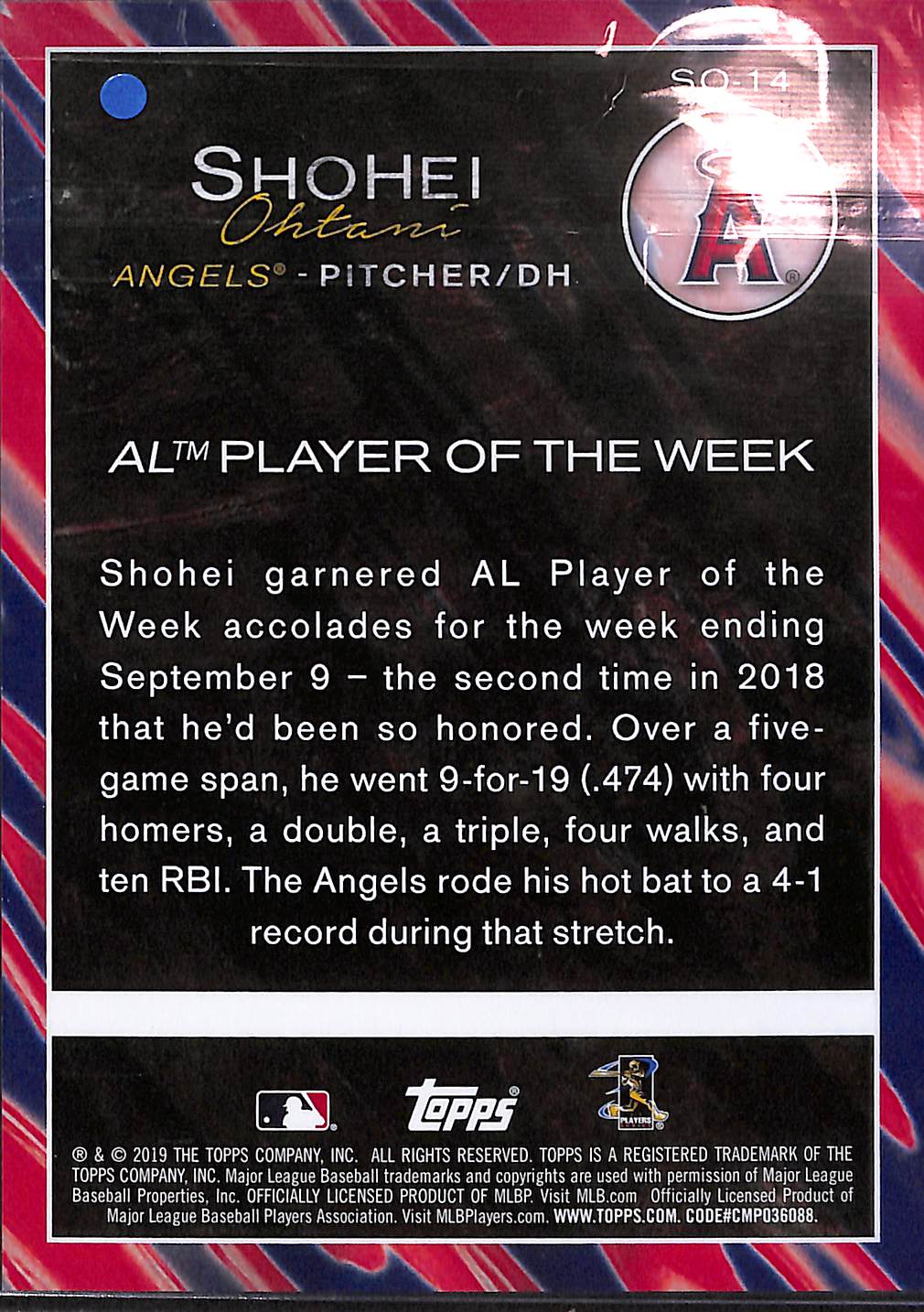 Shohei Ohtani SO-14 - 2019 Topps - Oversized 03/49 - AL Player of the Week - Baseball - Angels