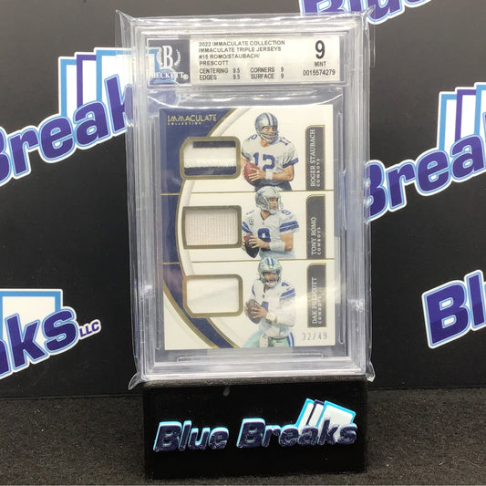 2022 Immaculate Collection - Dak Prescott - Tony Romo - Roger Staubach - 32/49 - Dallas Cowboys - Beckett 9