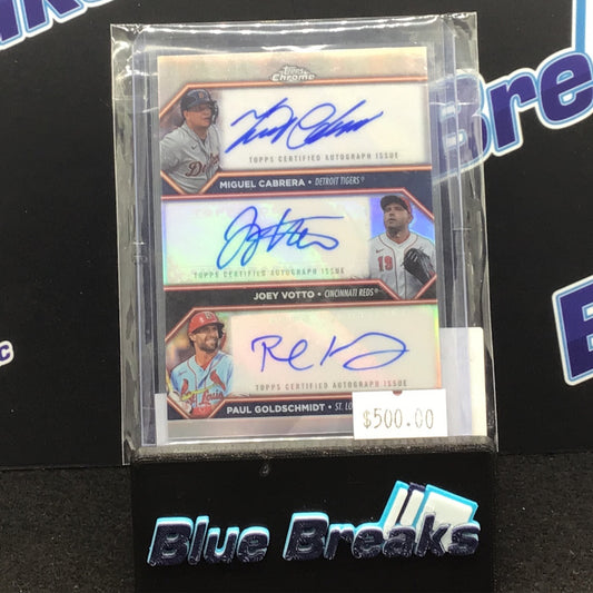 2023 Topps Chrome Update Triple auto Cabrera Votto Goldschmidt 07/10 #TA-CVG Tigers Reds Cardinals