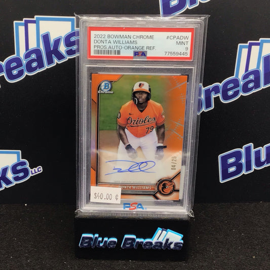 2022 Bowman Chrome Donta Williams Prospect Auto Orange Refractor 04/25 #CPADW PSA9 - Baltimore Orioles