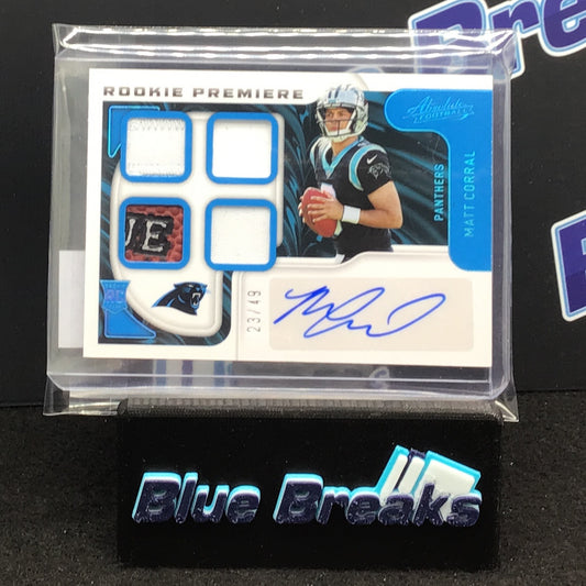 2022 Panini Absolute Rookie Premiere Matt Corral auto quad relic 23/49 #202 Panthers