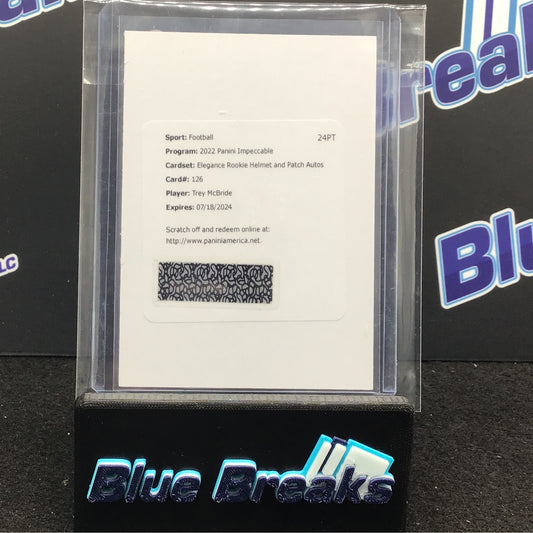 2022 Panini - Impeccable - Trey McBride - Elegance Rookie Helmet & Patch Autos - Redemption