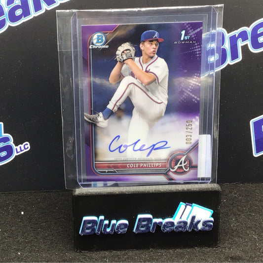 2022 Bowman Draft Chrome 1st Purple Refractor Cole Phillips Autograph 003/250 #CDA-CPS - Atlanta Braves